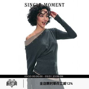 弹力修身 SINGLE T恤打底衫 25SS斜肩假两件长袖 显瘦上衣女 MOMENT