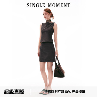 SINGLE MOMENT 26SS夏季意式复古暗格无袖背心上衣半裙套装女