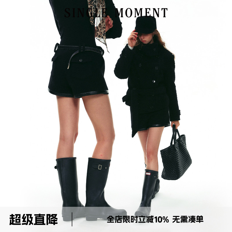 SINGLE MOMENT 25AW法式秋冬羊毛休闲直筒宽松圈圈毛拼皮短裤女