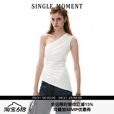 SINGLE MOMENT 26SS夏季法式放射压褶斜肩针织上衣背心无袖T恤女