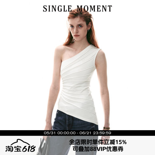 SINGLE MOMENT 26SS夏季法式放射压褶斜肩针织上衣背心无袖T恤女