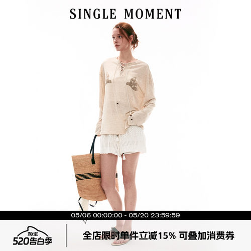 SINGLE MOMENT 26SS法式针织慵懒和平鸽印花宽松麻感长袖T恤上衣