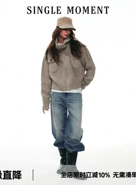 SINGLE MOMENT 25AW法式高级感气质手织三针加厚高领毛衣外套开衫