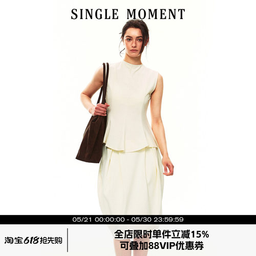 SINGLE MOMENT 26SS夏季法式半高领紧身收腰荷叶边无袖背心上衣女