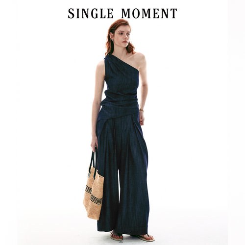 SINGLE MOMENT 26SS法式复古斜肩修身显瘦无袖上衣背心西裤套装女