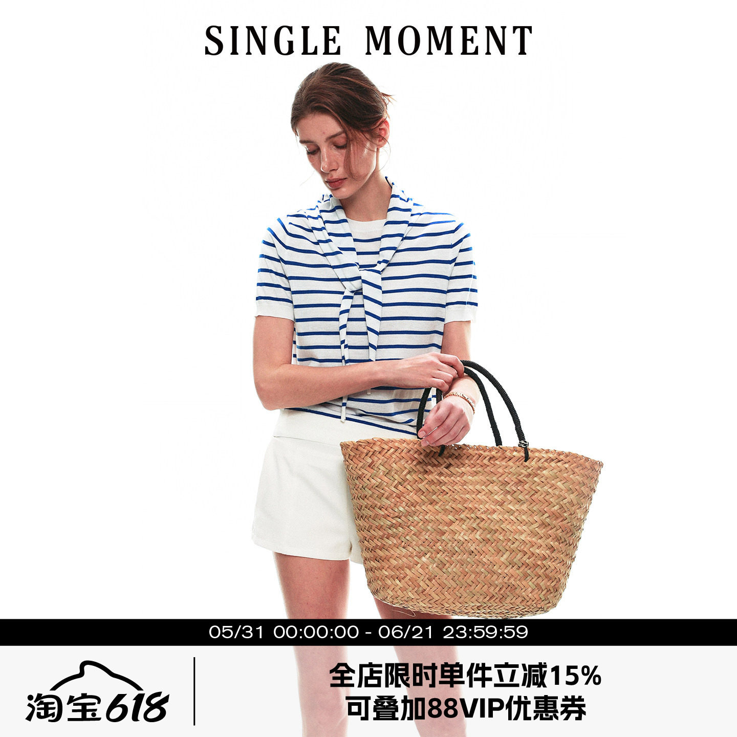 SINGLE MOMENT 26SS法式复古海军风修身条纹围巾系带针织衫短袖女
