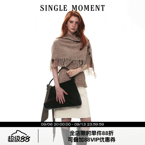 SINGLE MOMENT 26AW法式复古斗篷披肩式羊毛混纺手工流苏毛衣上衣