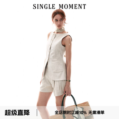 SINGLE MOMENT 26SS夏季意式帆船领复古条纹收腰马甲短裤套装女