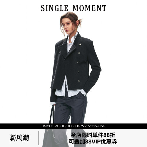 SINGLE MOMENT 26AW法式复古斜纹立领短款双排扣宽松长袖外套女