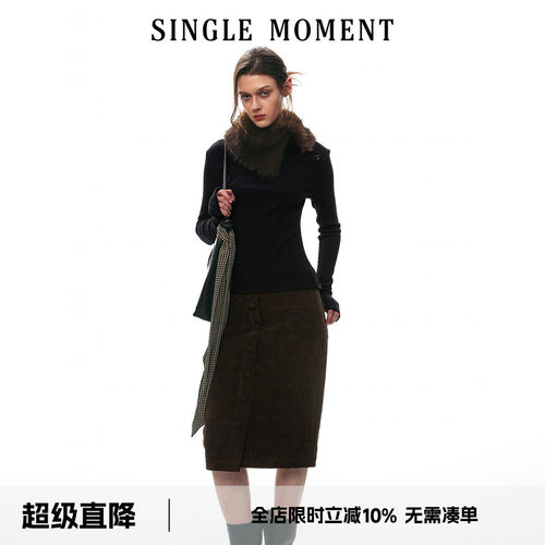 SINGLE MOMENT 26AW法式可拆卸仿真毛领针织坑条长袖T恤针织衫女