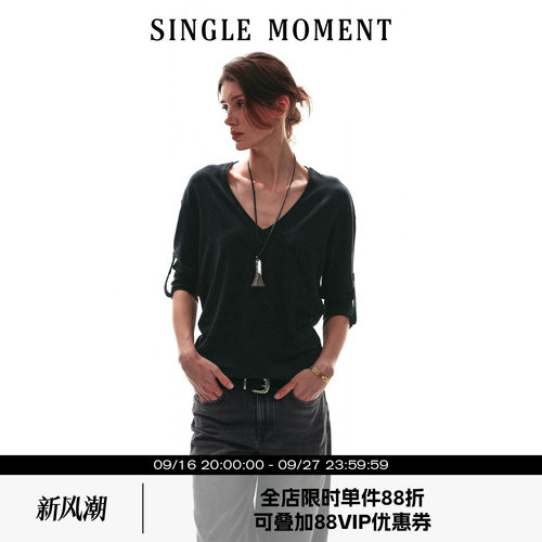 SINGLE MOMENT 26SS法式松弛感V领卷边翻袖宽松短袖T恤上衣女
