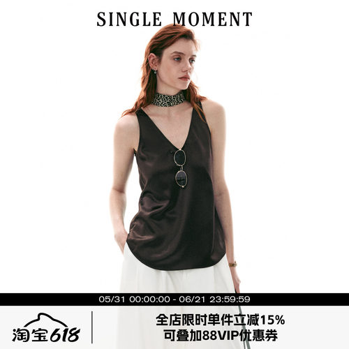 SINGLE MOMENT 26SS夏季法式通勤V领醋酸缎面无袖背心吊带上衣女