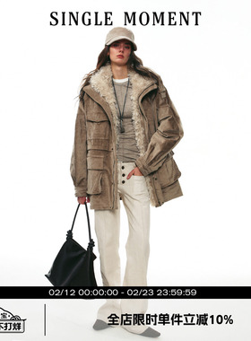 SINGLE MOMENT 25AW法式中长款灯芯绒毛领拼接工装外套派克服女