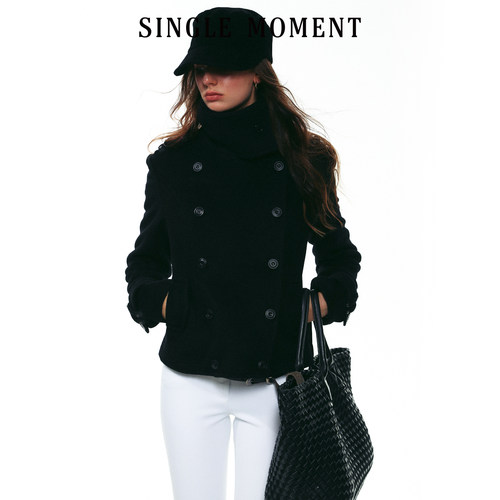 SINGLE MOMENT 25AW法式时尚经典双排扣正肩斜纹羊毛立领短外套女