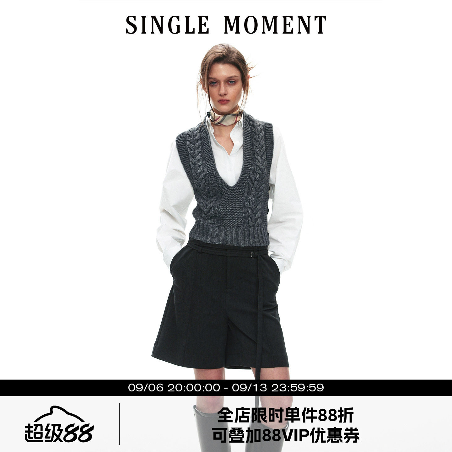 SINGLE MOMENT 26AW法式通勤复古深v扭花毛织毛衣宽松套头背心女图片