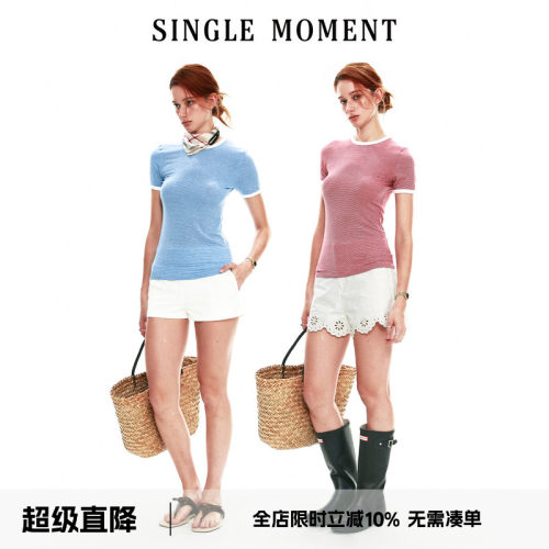 SINGLE MOMENT 26SS法式夏季休闲牙签条针织撞色短袖T恤上衣女