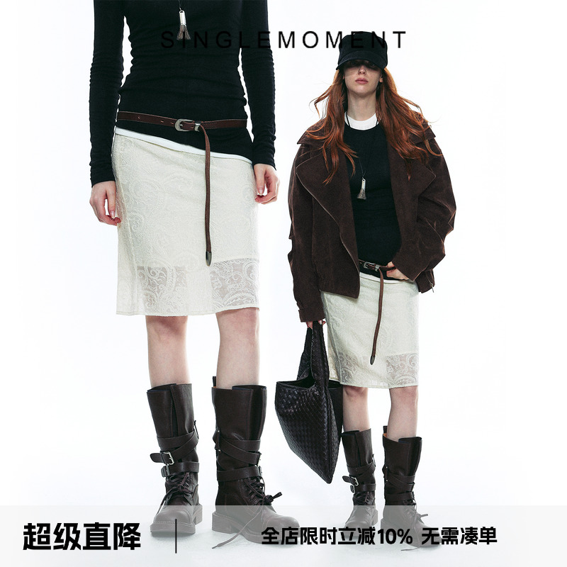 SINGLE MOMENT 25AW法式复古柔软亲肤蕾丝镂空羊毛半身裙女