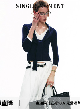 SINGLE MOMENT 25SS巴素兰毛条露肩假两件上衣打结系带长袖针织衫