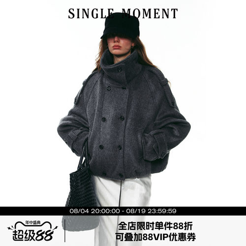 SINGLE MOMENT 25AW法式秋冬保暖羊毛短款双排扣外套风衣女