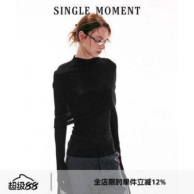 SINGLE MOMENT 26SS法式气质修身醋酸斗篷式长袖T恤上衣打底衫女