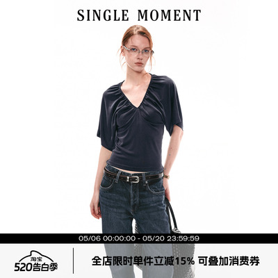 SINGLE MOMENT 26SS法式夏季休闲抽褶V领蝙蝠袖T恤上衣宽松短袖女