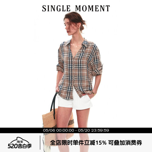SINGLE MOMENT 26SS法式夏季复古亚麻格纹五分袖卷边衬衫上衣女