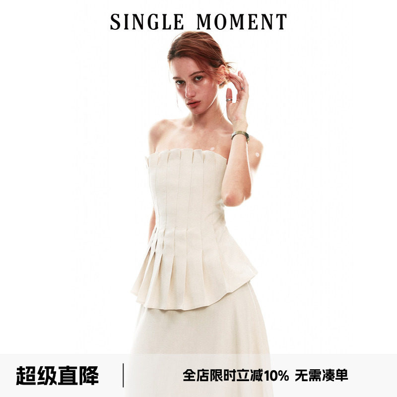 SINGLE MOMENT 26SS法式手工压褶抹胸上衣茧型空气感花苞半裙女