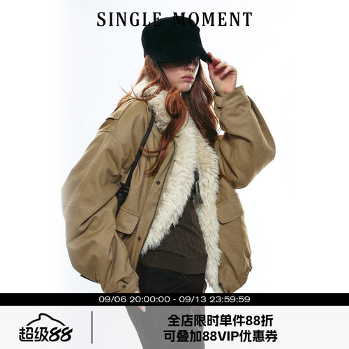 SINGLE MOMENT 25AW法式复古毛领保暖轻工装短款棉服棉衣外套女