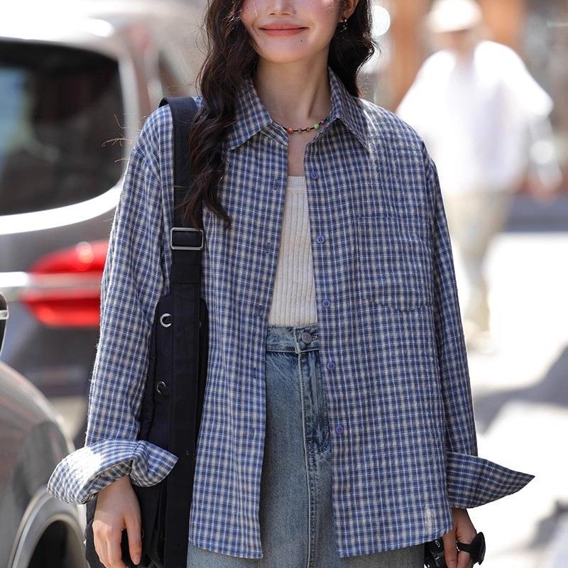 觅定长袖格子衬衫外套女早