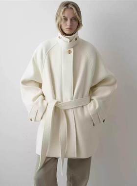 现货 韩系纯色羊毛毛呢大衣女2025冬气质宽松绑带中长款立领外套