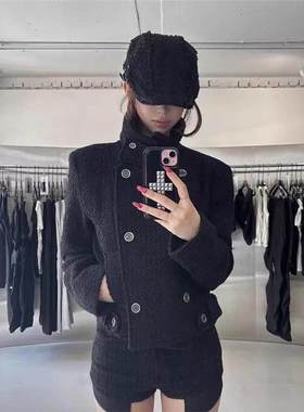 现H 翻领双排扣短款毛呢外套女2025秋冬立领修身显瘦上衣bohems*o