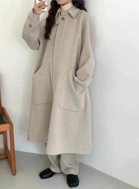 现货 双面羊毛大衣长款外套2025冬韩版高级感毛呢大衣简约高端egg