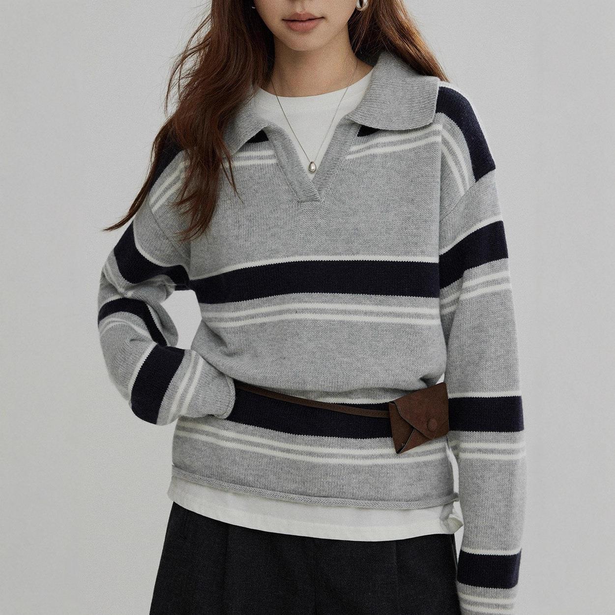 JoliChse翻领复古条纹毛