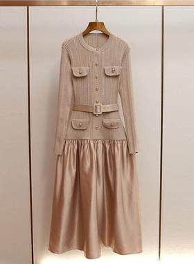 SP家秋冬新款高级感千金风修身A字针织拼接撞色伞状长款连衣裙女