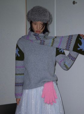 UNITY MODE 费尔岛绵羊毛拼接针织毛衣女冬半高领内搭上衣251527