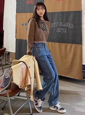 撞色logo短款圆领毛衣韩系韩版女款女外穿宽松套头上衣gro*e