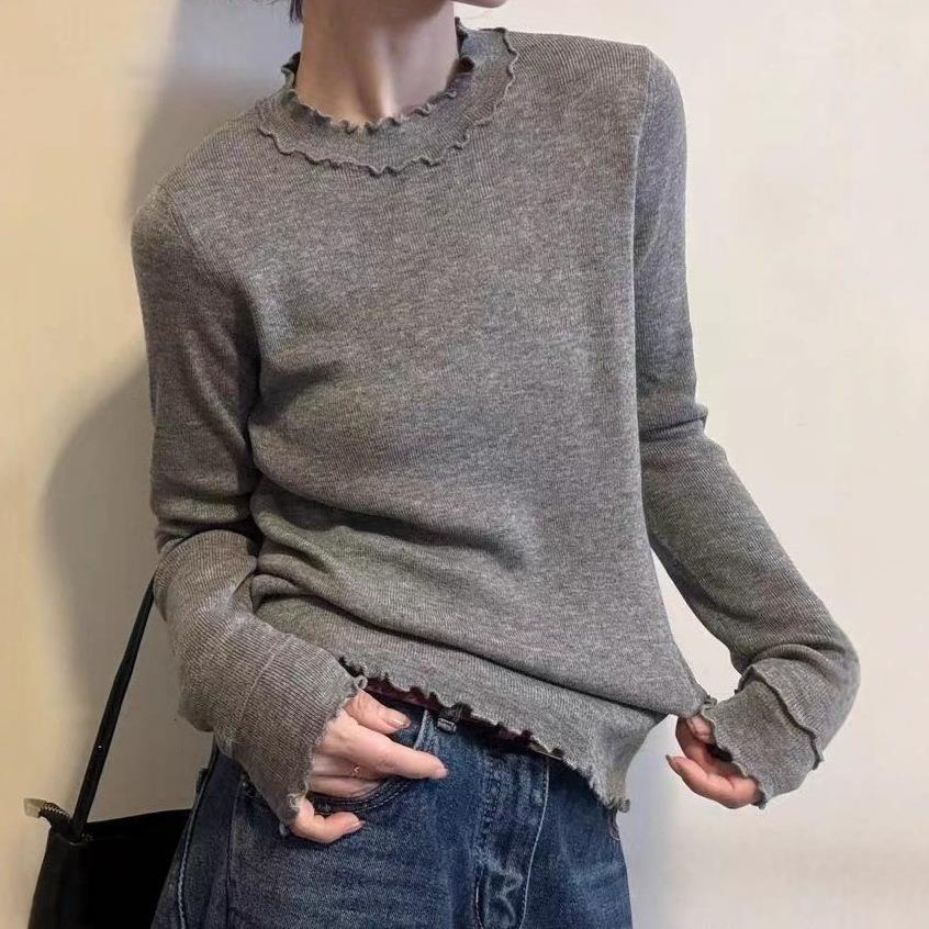 欧洲站206秋冬新款小立领木耳波浪边设计净版弹力针织衫上衣女潮