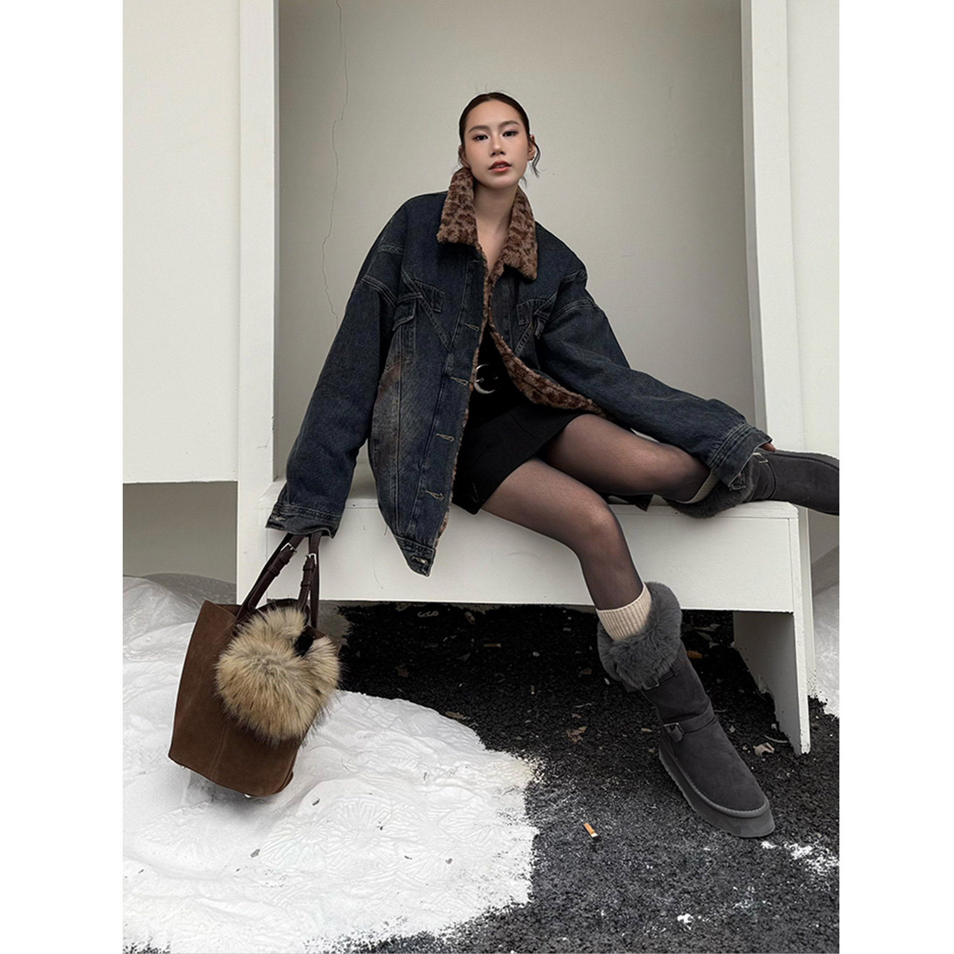 11.24开售9折【INSS】牛仔外套女加绒羊羔毛豹纹宽松复古夹克女