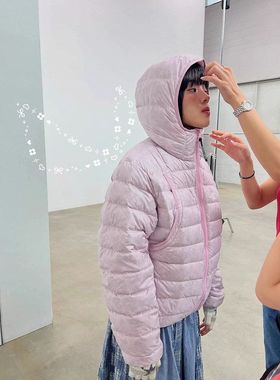 现H 字母印花刺绣90绒亮面连帽羽绒服女冬季轻盈保暖防风立领外套