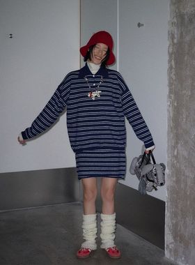 UNITY MODE 条纹Polo领针织衫上衣套装裙女冬时尚感两件套530053