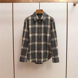 百搭休闲风撞色格纹翻领单排扣宽松衬衫 深圳南油高端女装 秋冬新款