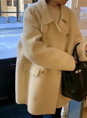 现货 ou*ce苏力羊驼毛翻领双排扣呢外套韩系高级感中长款大衣