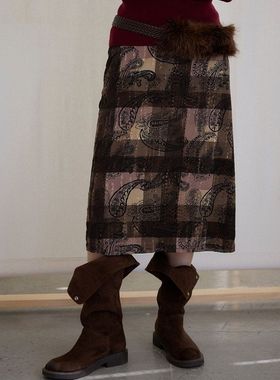 UNITY MODE 佩斯利腰果花半裙格纹拼接女冬季中长款半身裙540007