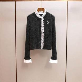 小香风毛茸茸木耳边拼接细闪针织衫 深圳南油高端女装 法式 新款 秋季