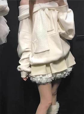 现h 一字肩拼接针织蝴蝶结连帽卫衣女秋冬小众宽松显瘦上衣thet*s