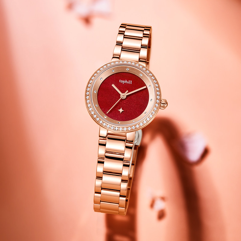 新年礼物_tophill拓非手表女士简约薄满天星小众轻奢红色女款腕表