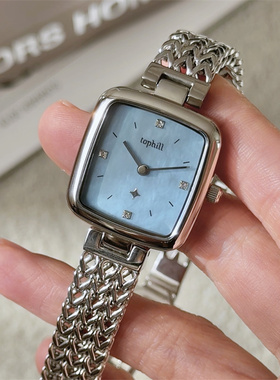 新年礼物_tophill拓非蓝色手表女士小众轻奢方糖贝母中古腕表