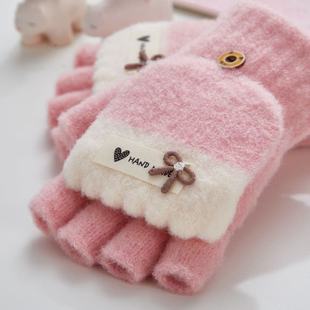 写作业专用手套手套女冬季保暖防寒学生写字露指加绒厚可爱毛绒半