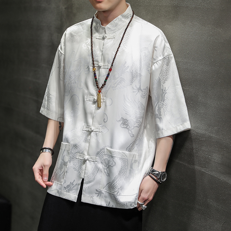 夏季薄款冰丝盘扣唐装衬衫复古宽松龙纹茶服男半袖中国风印花T恤