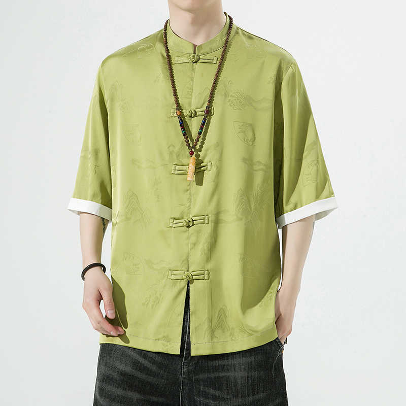 中式薄款暗花对襟盘扣唐装中国风宽松免烫休闲汉服茶服复古男衬衫